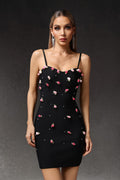Eye-Catching  Dot Spaghetti-Strap Black Bodycon Bandage Dress with Pink Floral