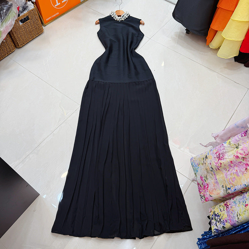 High Neck Diamond Sleeveless Slim Fit Elegant Mesh Splicing Long Bandage Gown