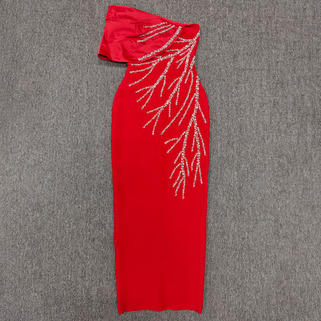 Beading  Rhinestones Bodycon One Shoulder Long Bandage Gown for Birthday