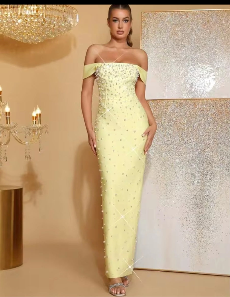 Elegant Pastel Yellow Off-the-Shoulder Maxi Dress with Faux Pearl Embellishments