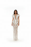 Goddess Aura White Leaf-Appliqué Illusion Gown