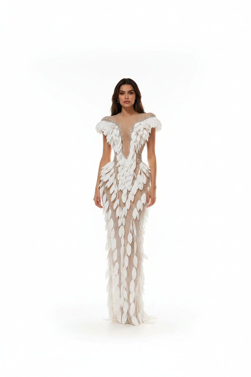 Goddess Aura White Leaf-Appliqué Illusion Gown