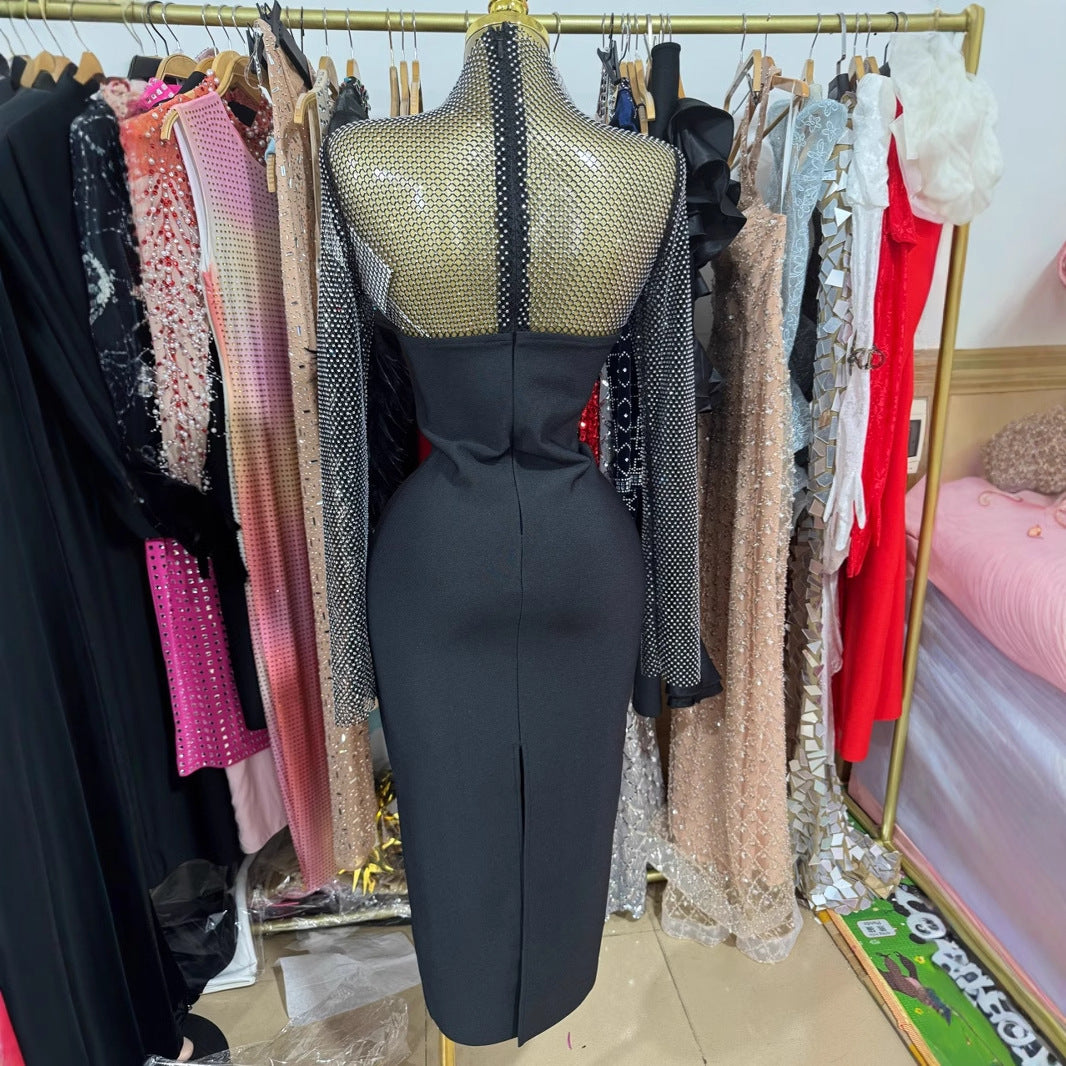 Elegant Black Mesh Long Sleeve Sparkling Detail Midi