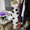Black Flowers Shining Diamonds Sexy V-Neck White Bandage Dress Birthday Party Wedding Party Outfit