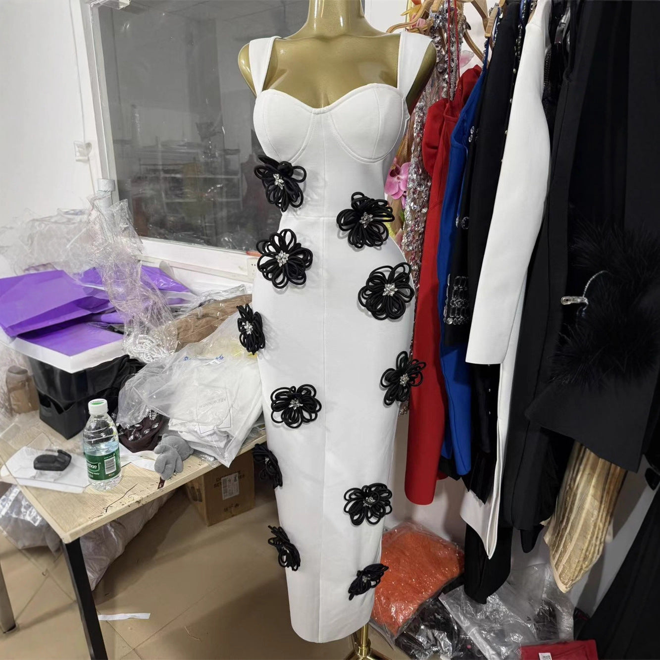 Black Flowers Shining Diamonds Sexy V-Neck White Bandage Dress Birthday Party Wedding Party Outfit