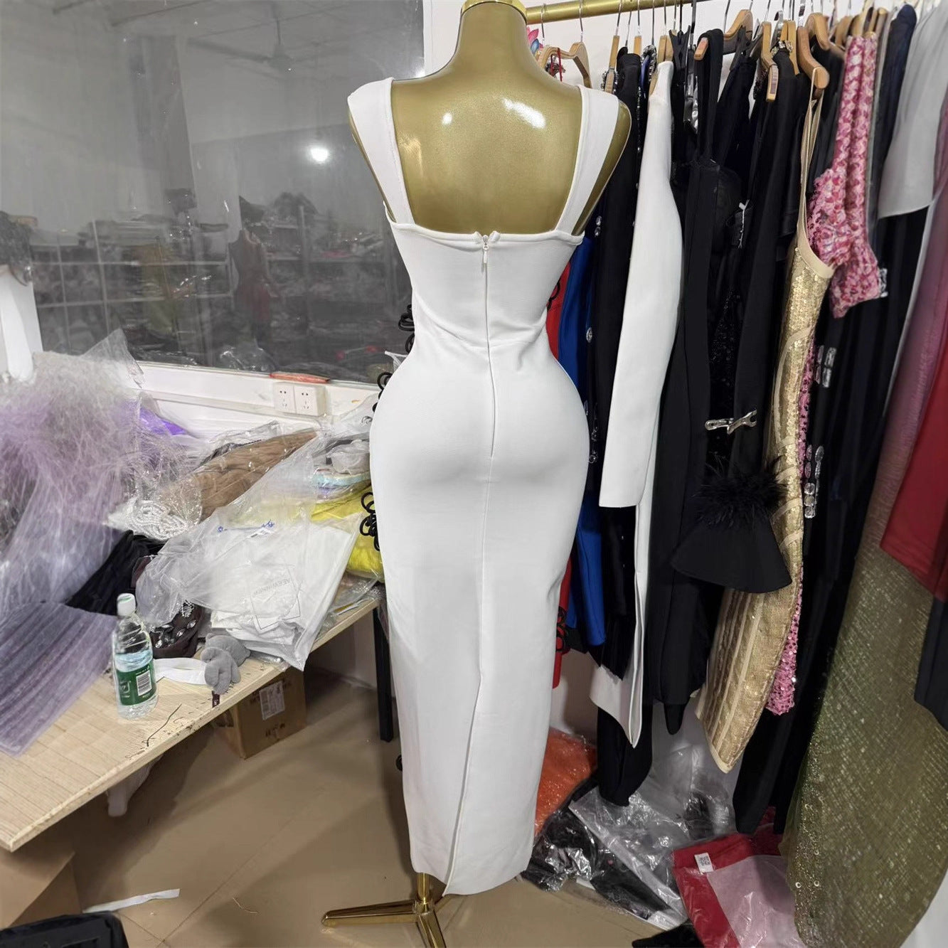 Black Flowers Shining Diamonds Sexy V-Neck White Bandage Dress Birthday Party Wedding Party Outfit
