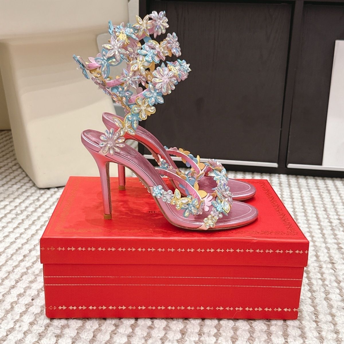 René Caovilla Floral Crystal-Embellished Cleo Sandal (Lilac/Multicolor)