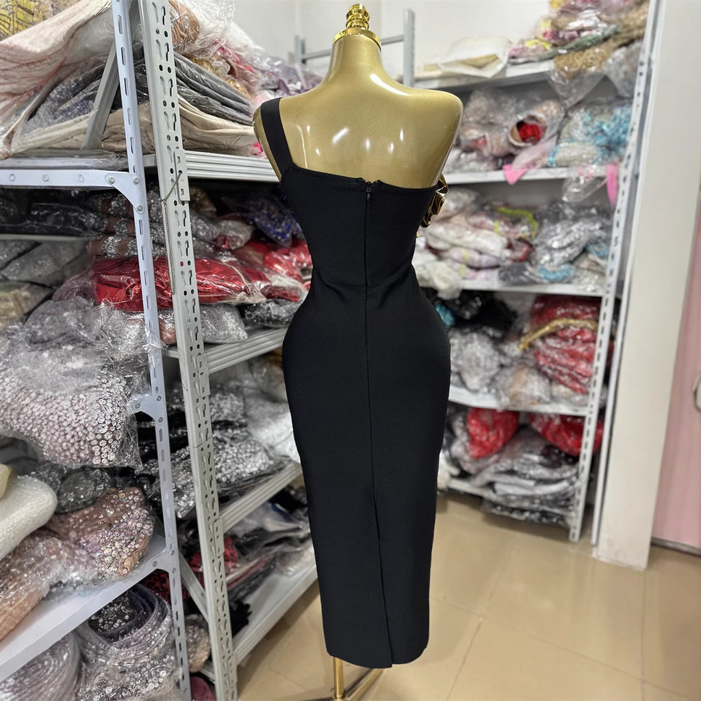 Sexy Metallic Rose Gold One Shoulder Bandage Dress