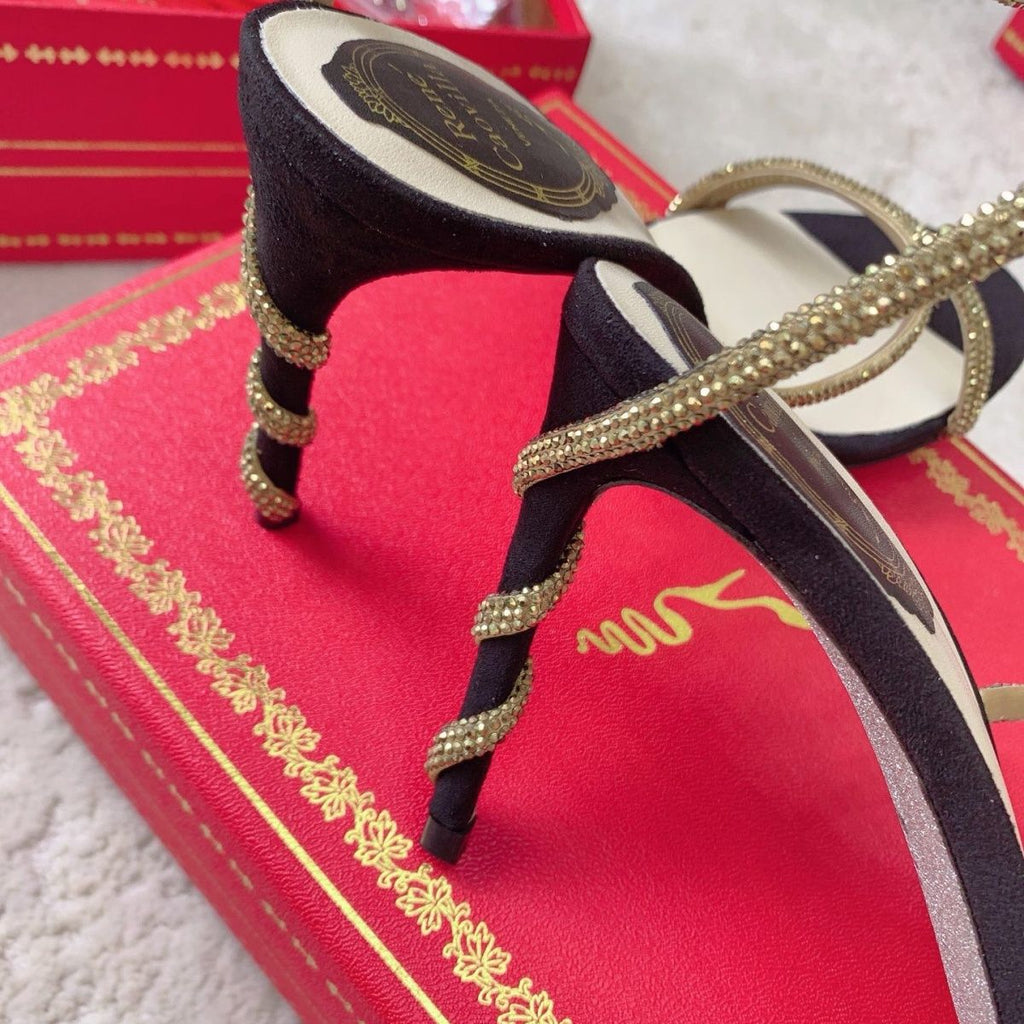 René Caovilla Cleo Crystal-Embellished Sandal (Black/Gold)