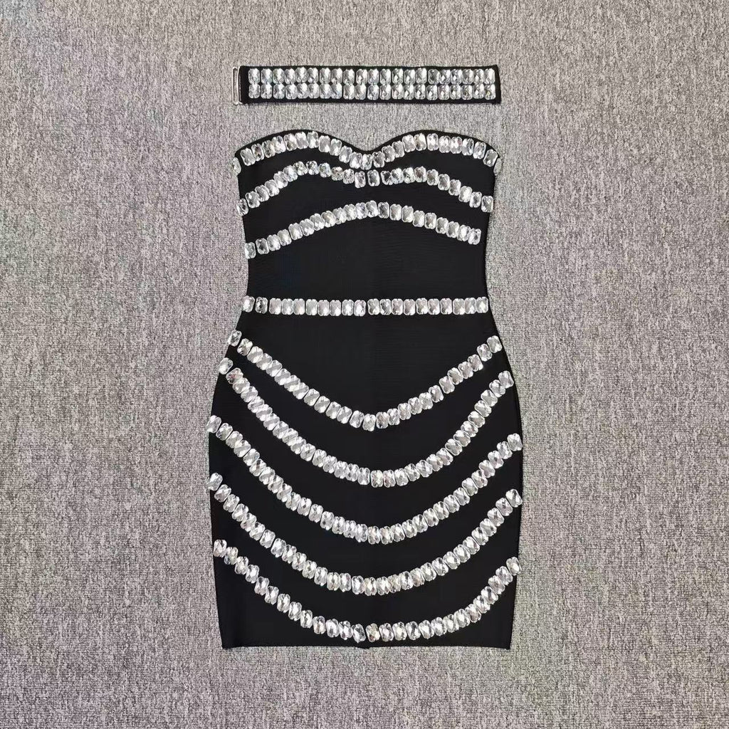 Sparkly Rhinestones Bodycon Strapless Mini Bandage Dress For Club Or Birthday Dress