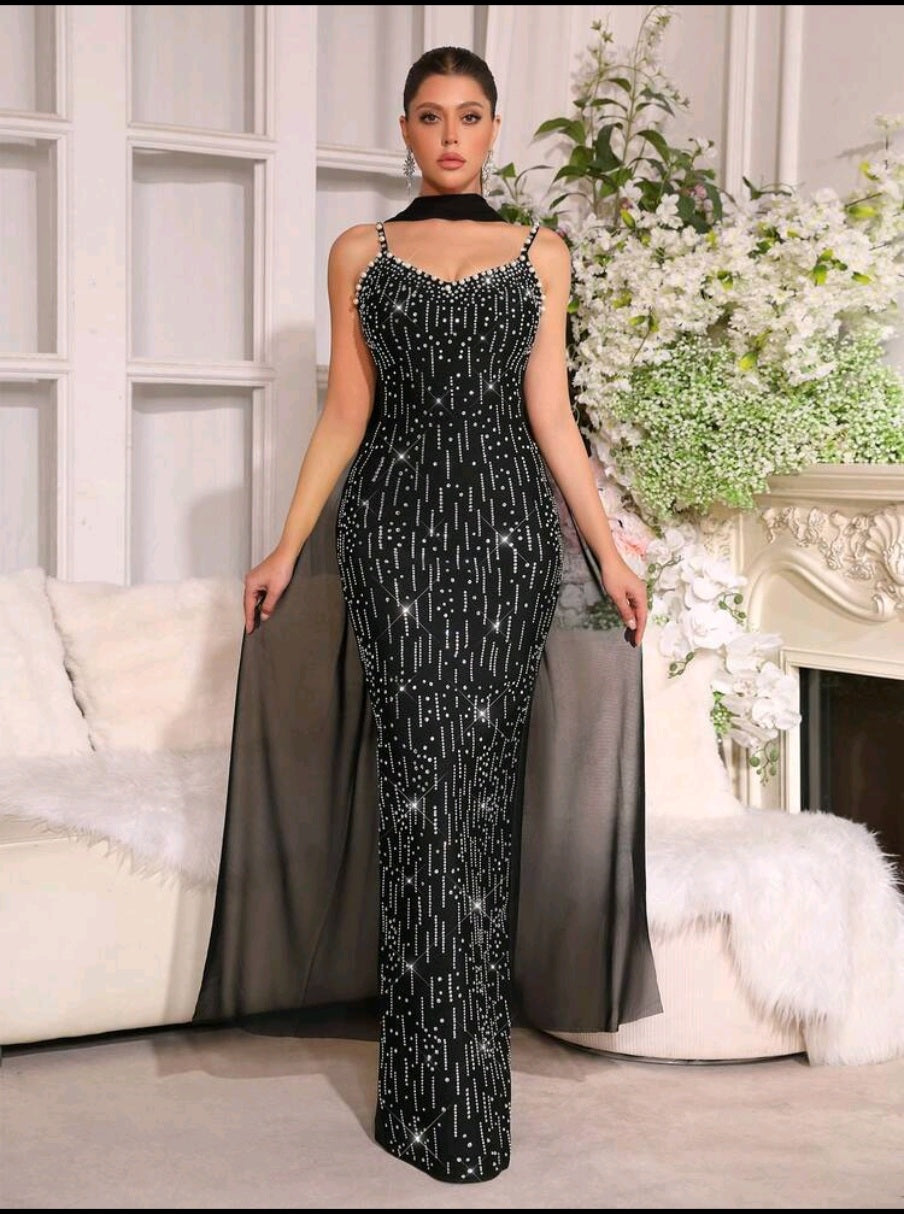 The "Gala Muse" Rhinestone Scarf Detail Bandage Maxi —  Pink Black