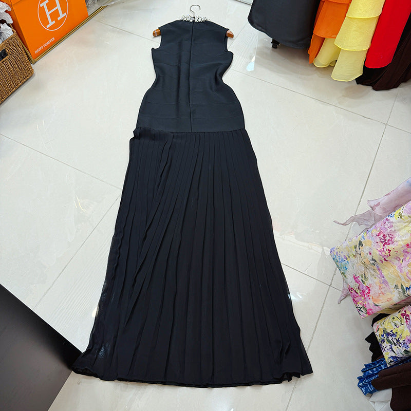 High Neck Diamond Sleeveless Slim Fit Elegant Mesh Splicing Long Bandage Gown