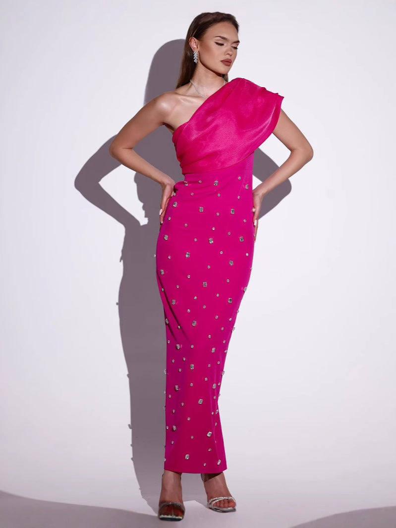 Diamond Embellishment Sleeveless Wrap Design One Shoulder