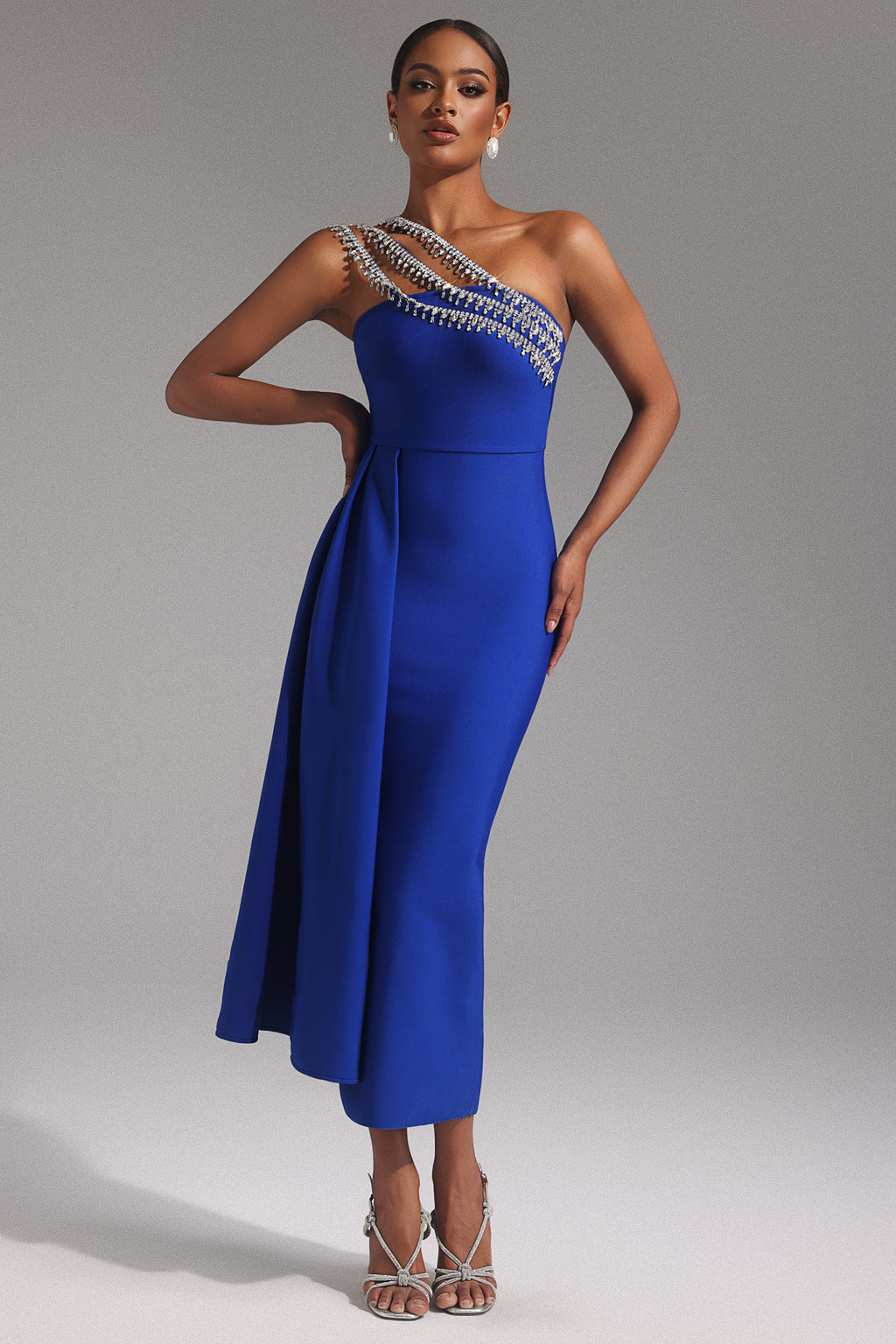 Sexy One Shoulder Diamond Tassel Bandage Dress Sleeveelss Crystal Patchwork Draped
