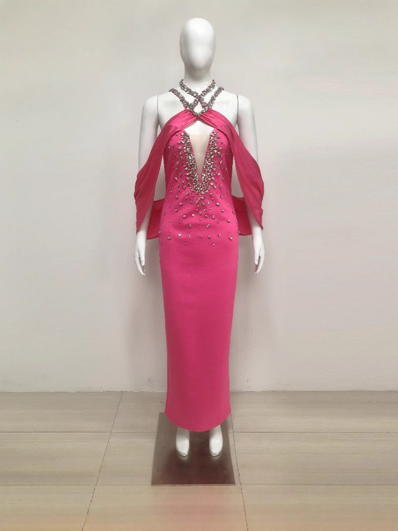 Sexy Off Shoulder Beaded Spaghetti Strap Diamond Bandage Dress