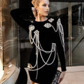 Fashionable Long Sleeve round Neck  Beaded Chain Diamond Embedded Mini Bandage Dress