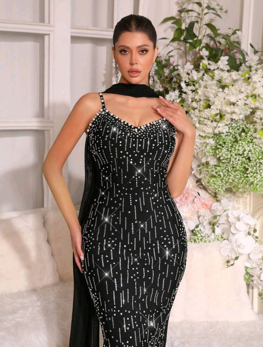 The "Gala Muse" Rhinestone Scarf Detail Bandage Maxi —  Pink Black
