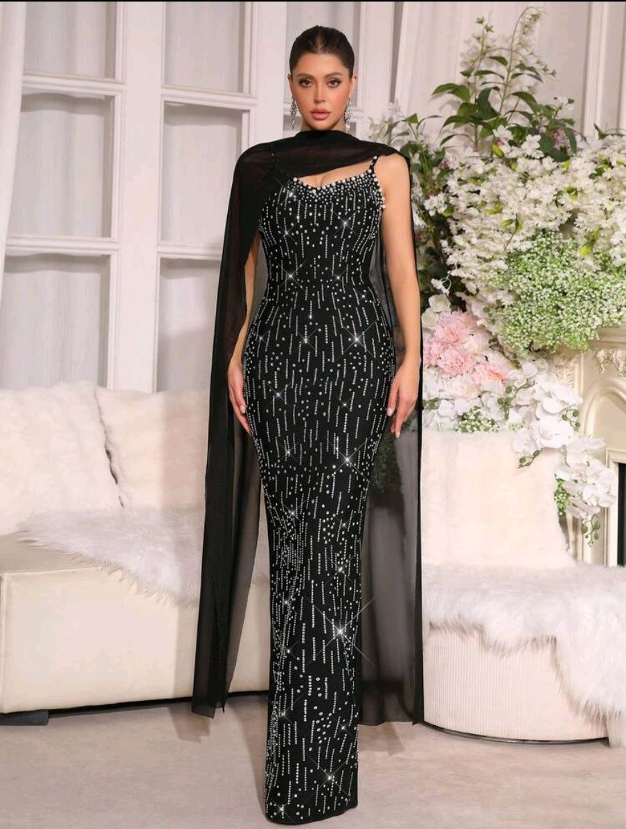 The "Gala Muse" Rhinestone Scarf Detail Bandage Maxi —  Pink Black