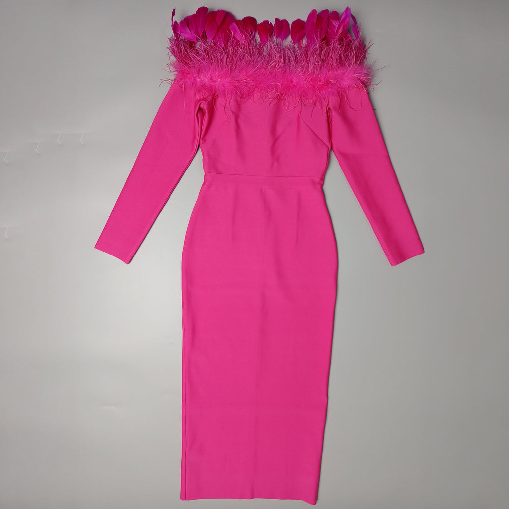 Long Sleeve Feathers Bandage Dress Bodycon For Club Party Birthday Wedding