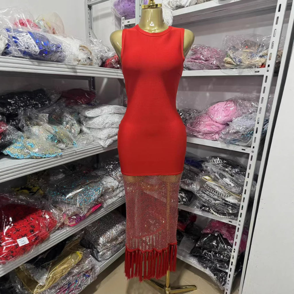 Mesh Diamond Splice Fringe Sleeveless Embroidered Gown