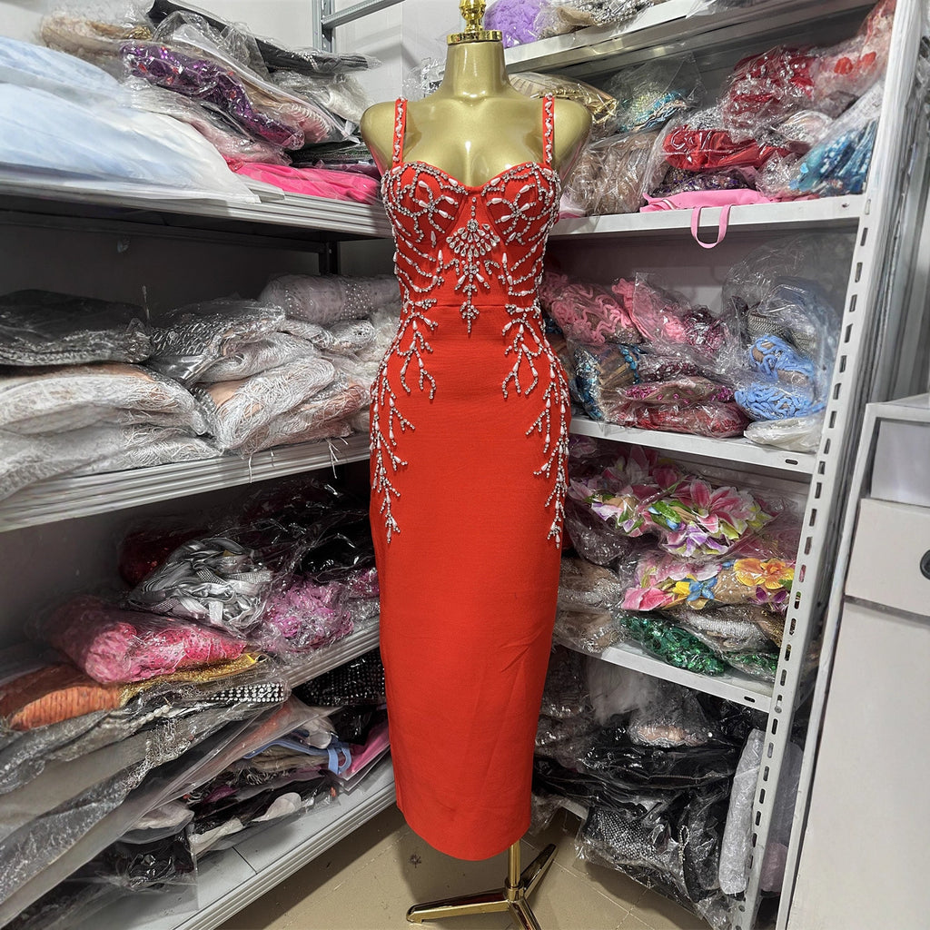 Luxurious Rhinestone Bodycon Black Strap Bandage Dress