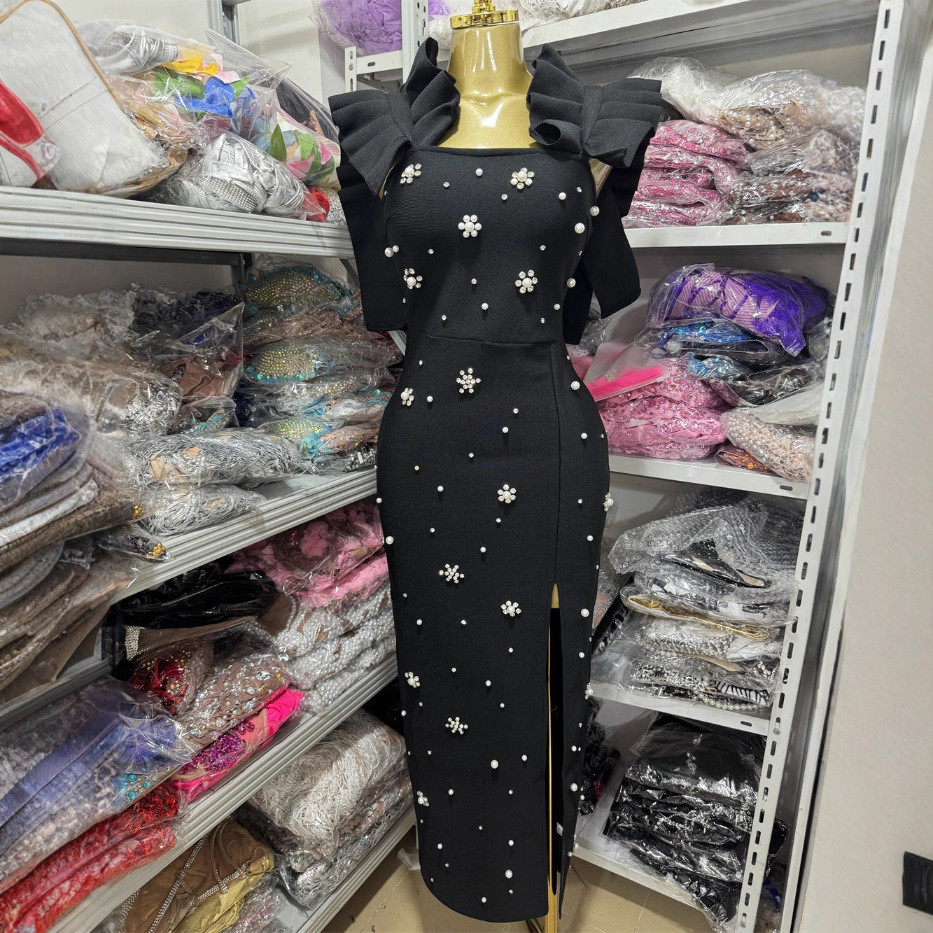 Side-Slit Midi Bandage Dress with Crystal Detailing