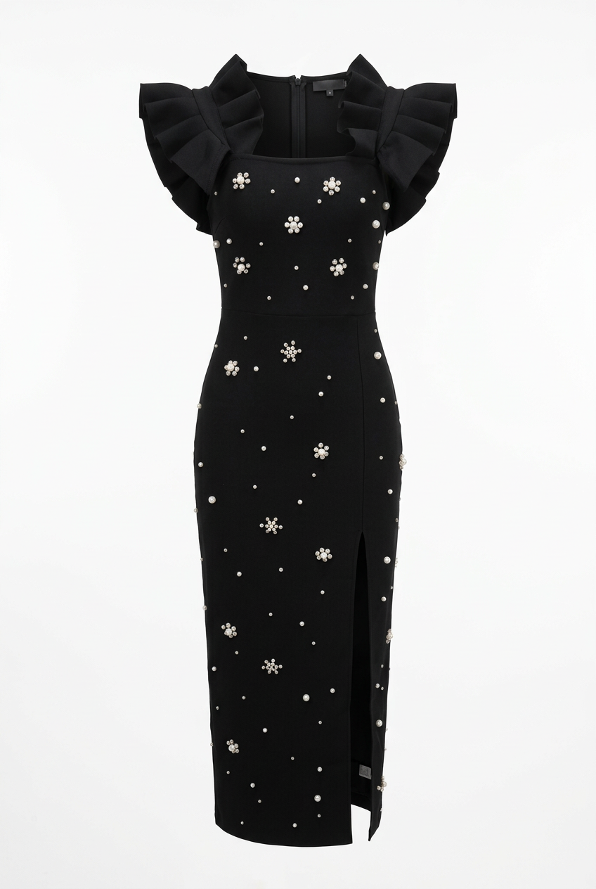 Side-Slit Midi Bandage Dress with Crystal Detailing