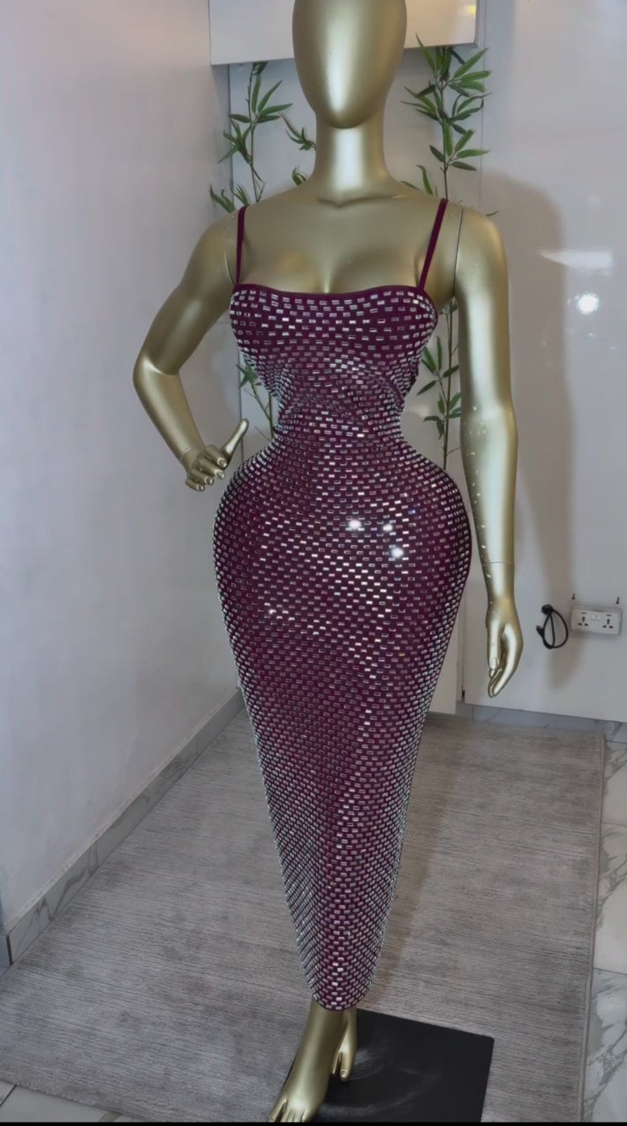 The Bordeaux Glamour Grid-Embellished Strappy Dress
