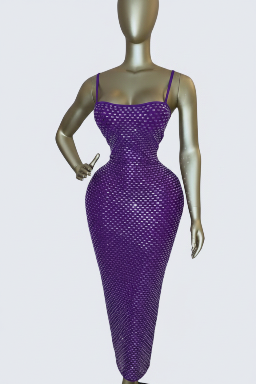 The Bordeaux Glamour Grid-Embellished Strappy Dress