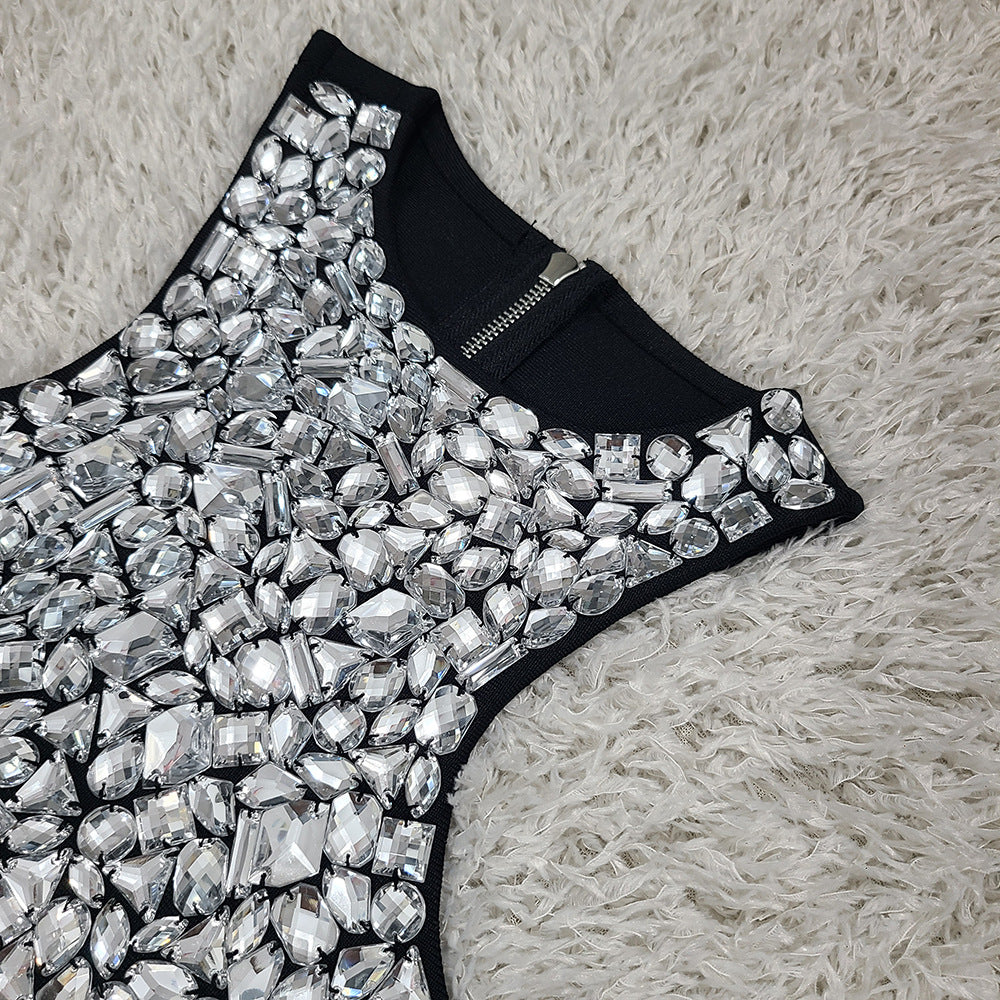 Neutral Tone Bandage Dress with Tonal Crystals