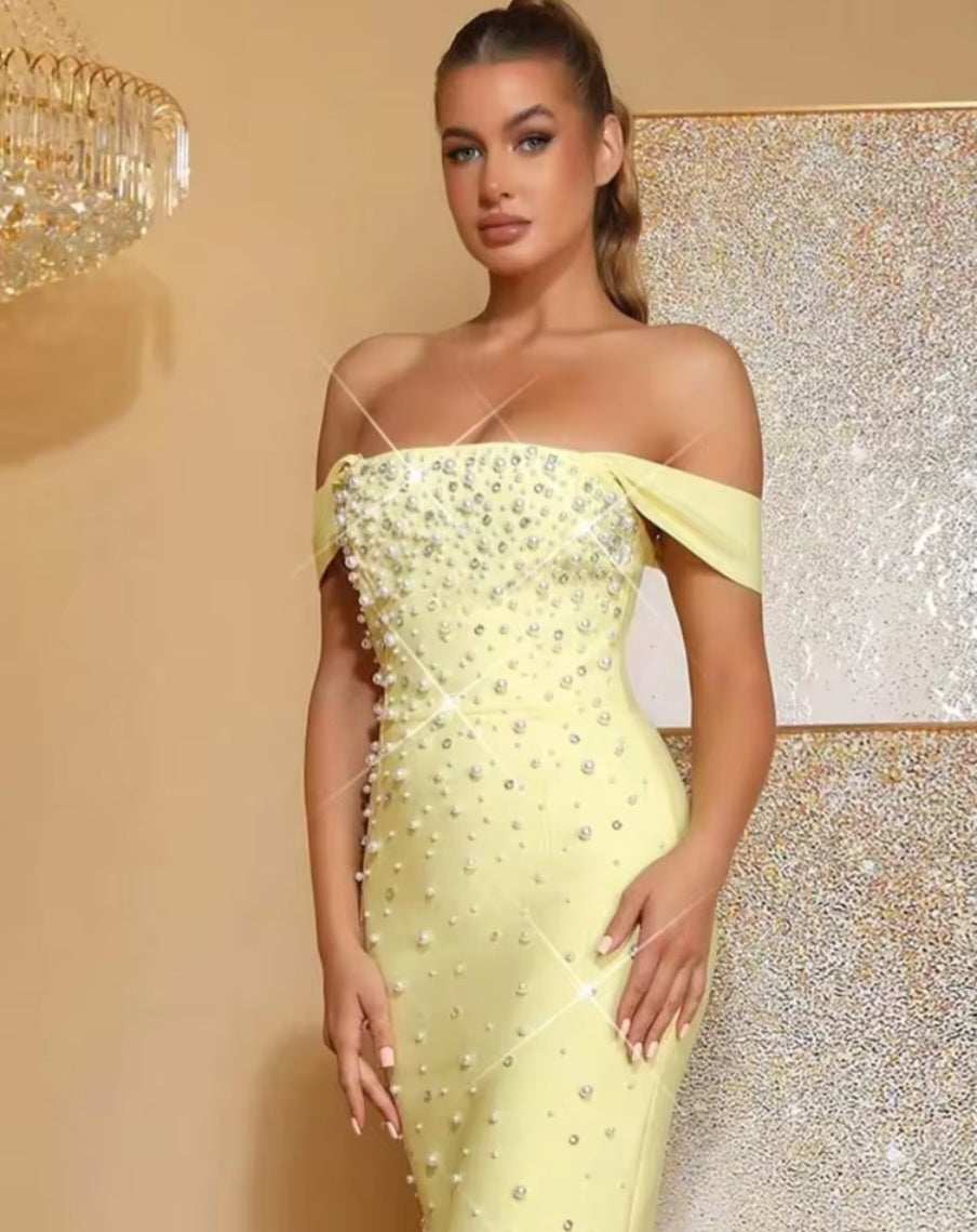 Elegant Pastel Yellow Off-the-Shoulder Maxi Dress with Faux Pearl Embellishments
