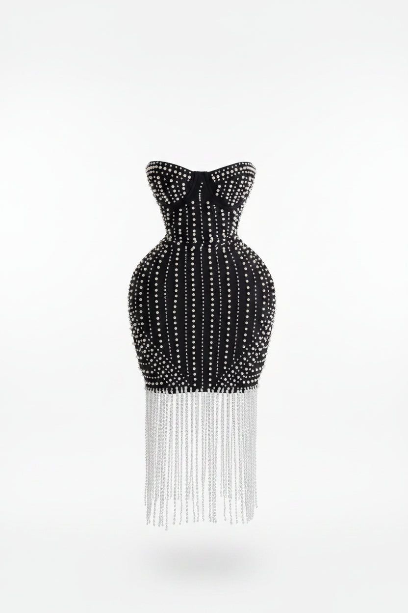 Strapless Pearl Tassel Bandage Mini Dress Bodycon Celebrity Party Dress