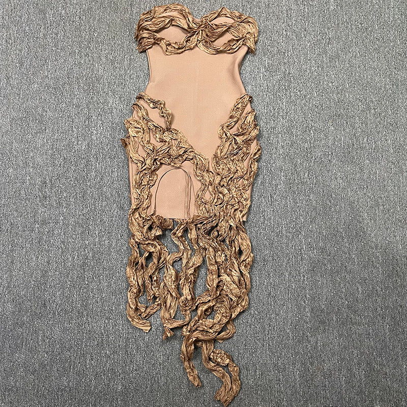 Strapless Ruffles Tassel Splicing Irregular Birthday Bodycon Midi Maxi Dress