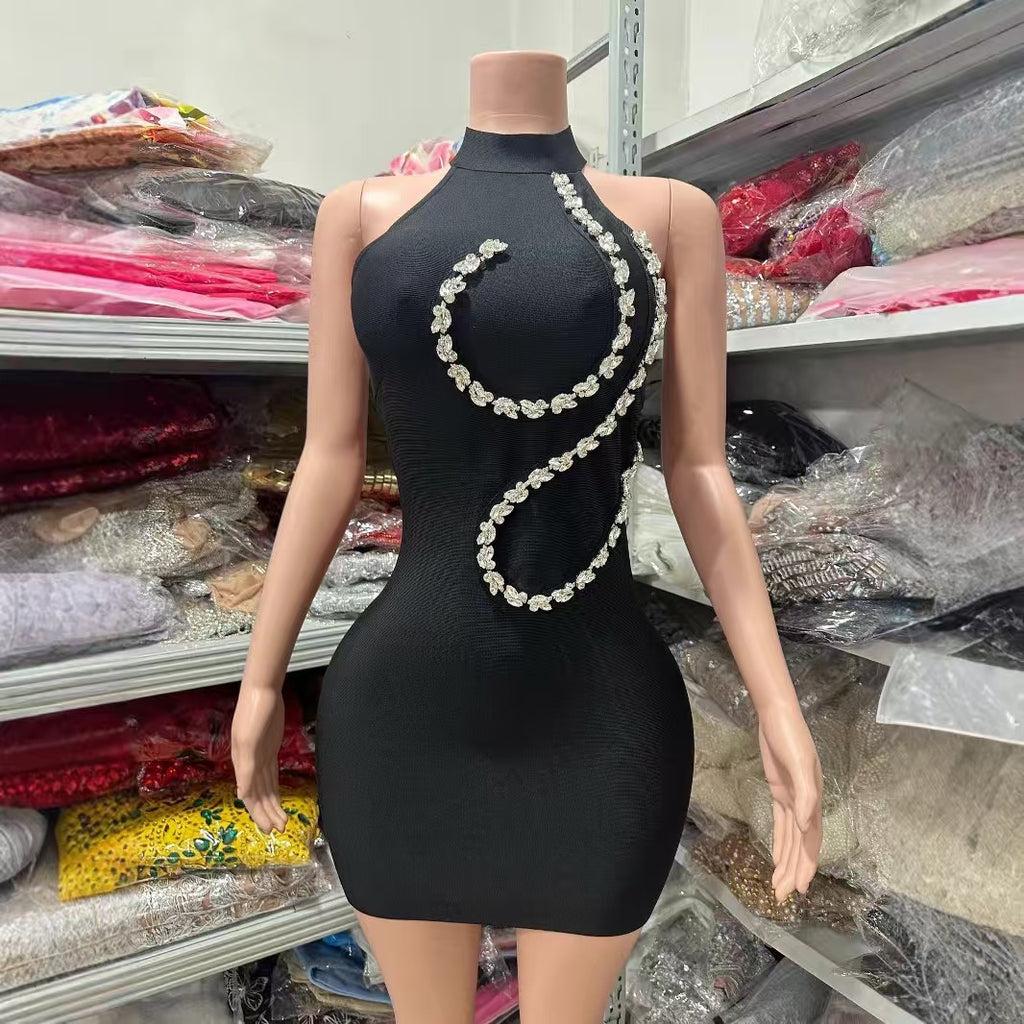 Fashionable and Sexy Halter Neck Studded Mini Dres