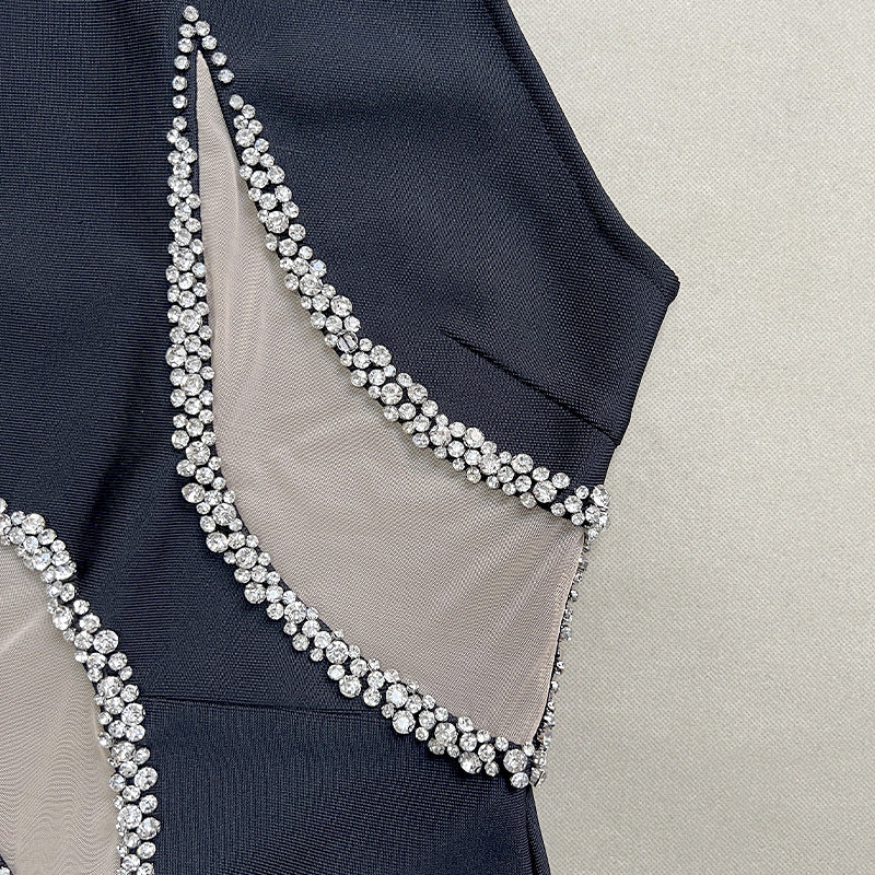 Rhinestone Beaded Sleeveless Mesh Patchwork Stretch Bodycon Bandage Dress