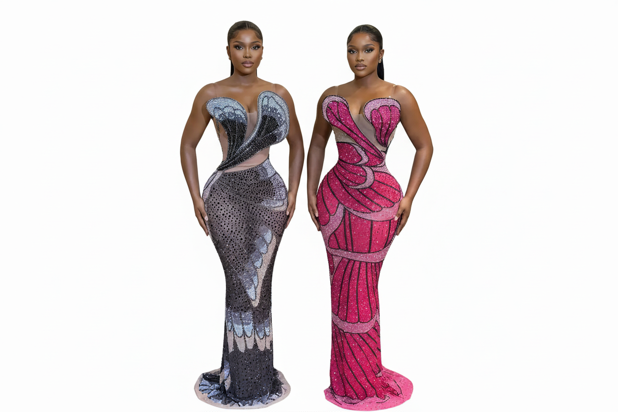 Sequined dresses on white background