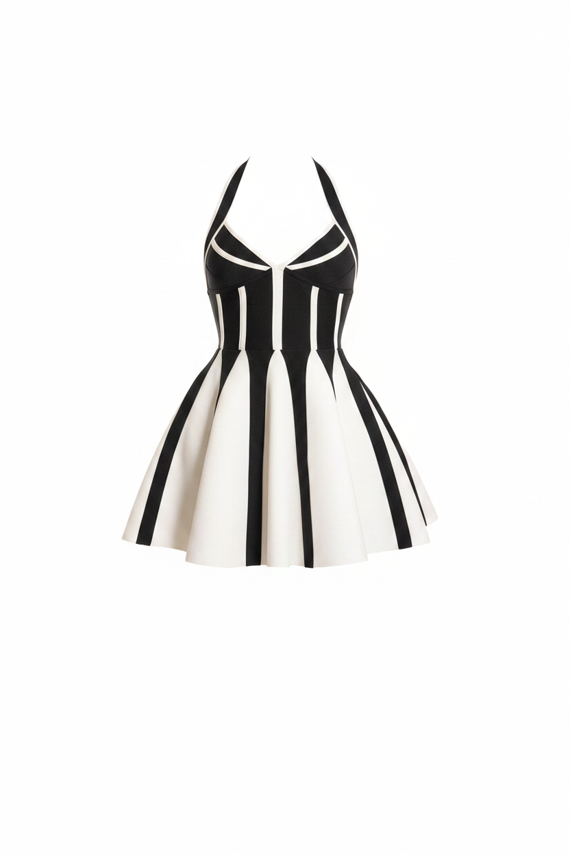 A Line Sexy Backless Black White Stripes Halter Bandage Gown