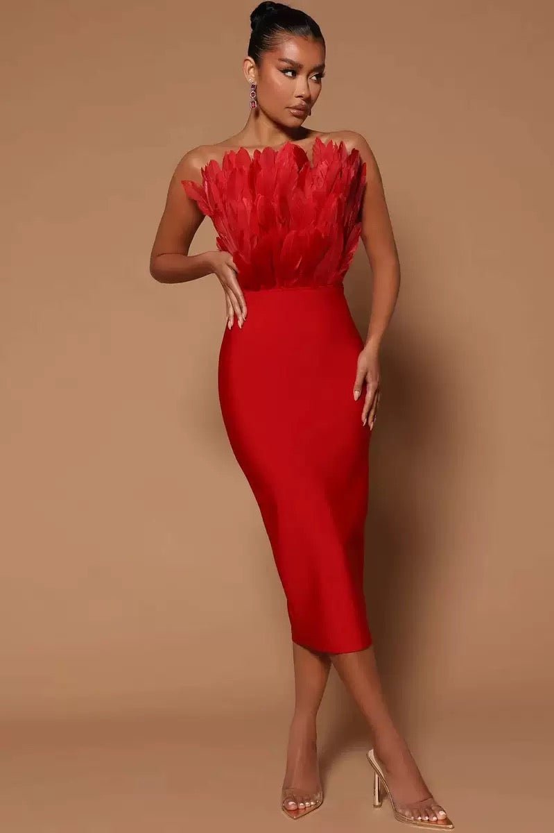 Sexy Elegant Socialite Style Bandage Dress Elastic Strapless Feathering Slimming Smooth Silhouette For Party Occasions - Bandage city