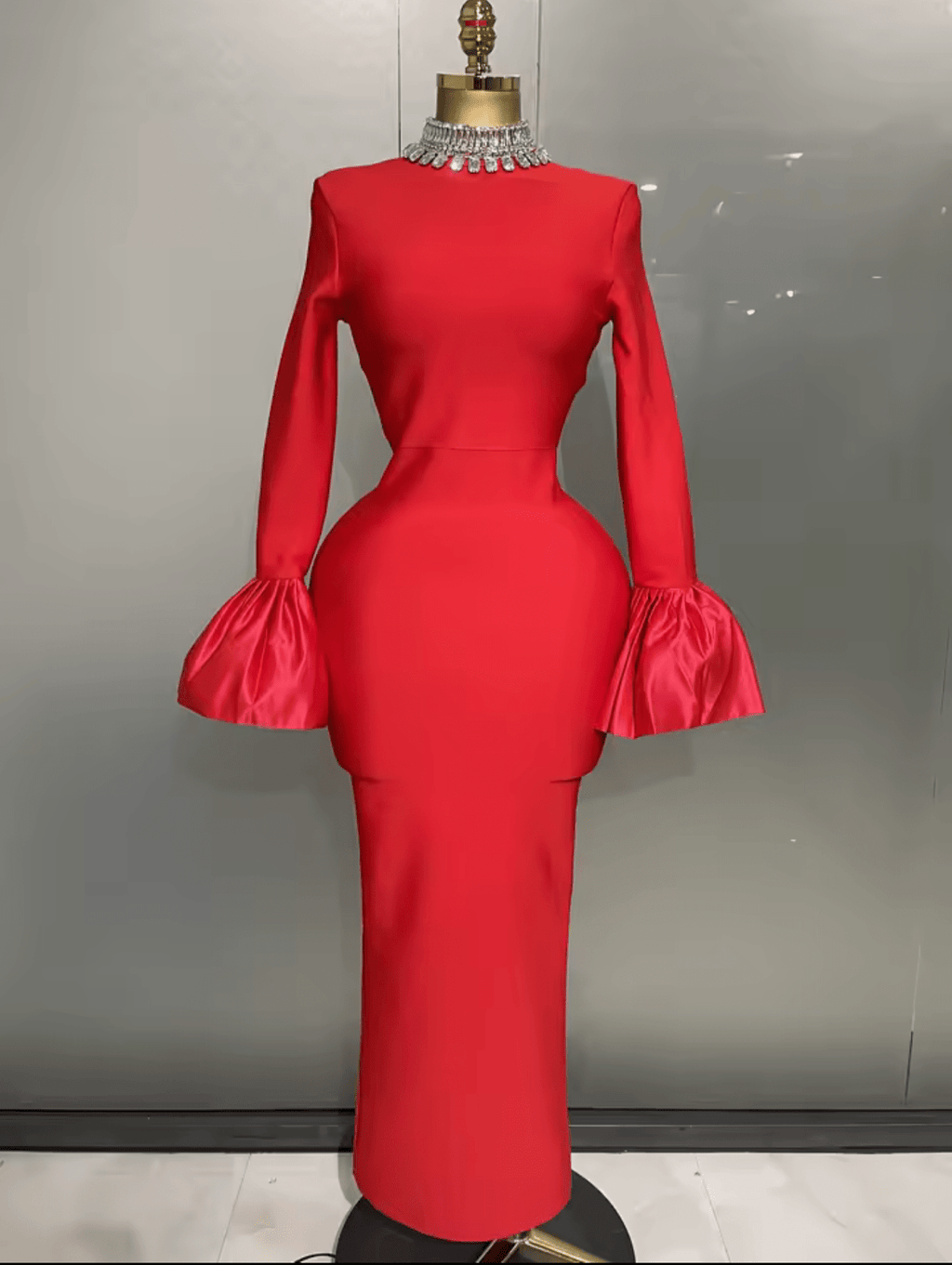 Sexy Flare Sleeve Sparkly Crystal Bodycon Bandage Long Dress Elegant Party Celebrate OR Red Carpet - Bandage city
