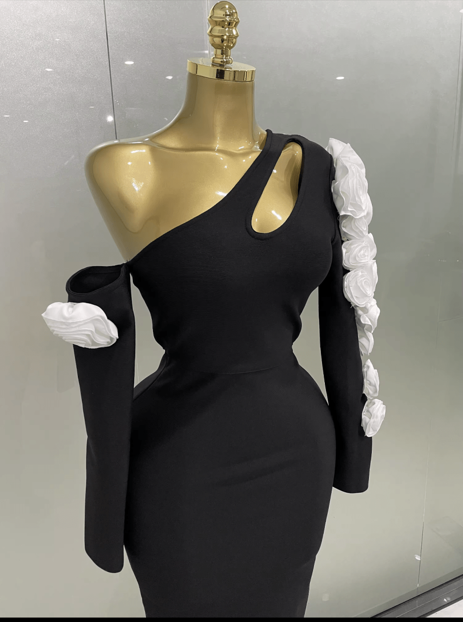Sexy One Shoulder Key Hole Flower Maxi Long Bodycon Bandage Dress Women Knitted Elegant Evening Club Party Outfit - Bandage city