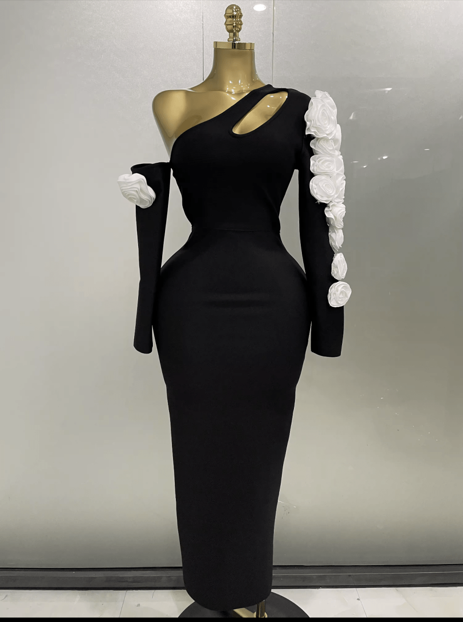 Sexy One Shoulder Key Hole Flower Maxi Long Bodycon Bandage Dress Women Knitted Elegant Evening Club Party Outfit - Bandage city