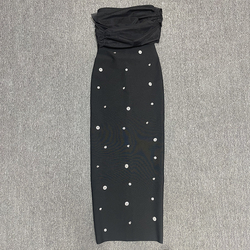 Sexy Slash Neck Off the Shoulder Shinning Crystal Bodycon Long Bandage Dress Birthday Party Outfit - Bandage city
