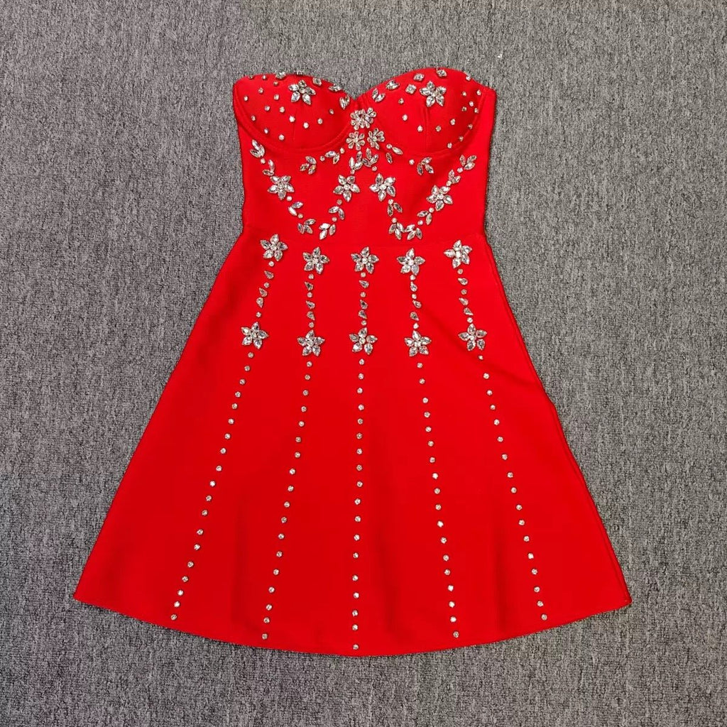 Sexy Strapless Mini Bandage Dress Diamond Beaded for Birthday Party Celebration - Bandage city
