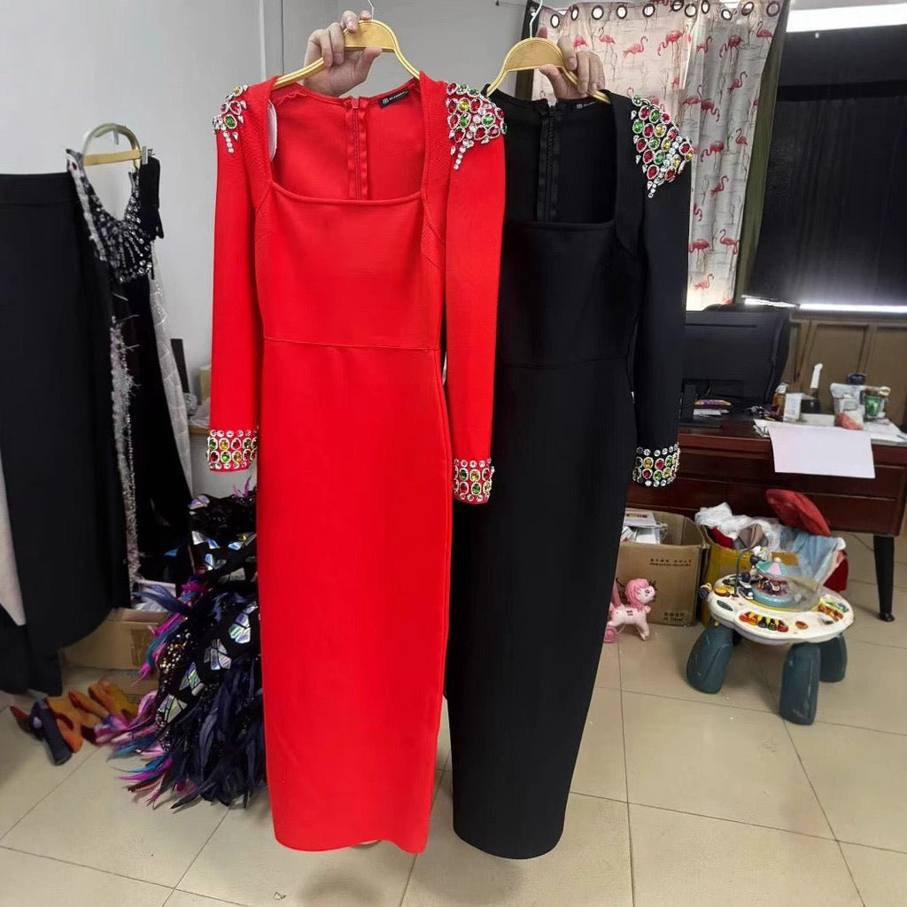 shining diamond long sleeve evening dress fashionable party outfit - Bandage city