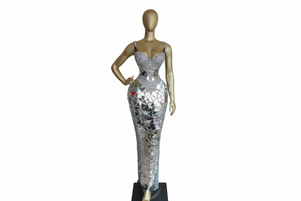 Silver geometric dress on white background