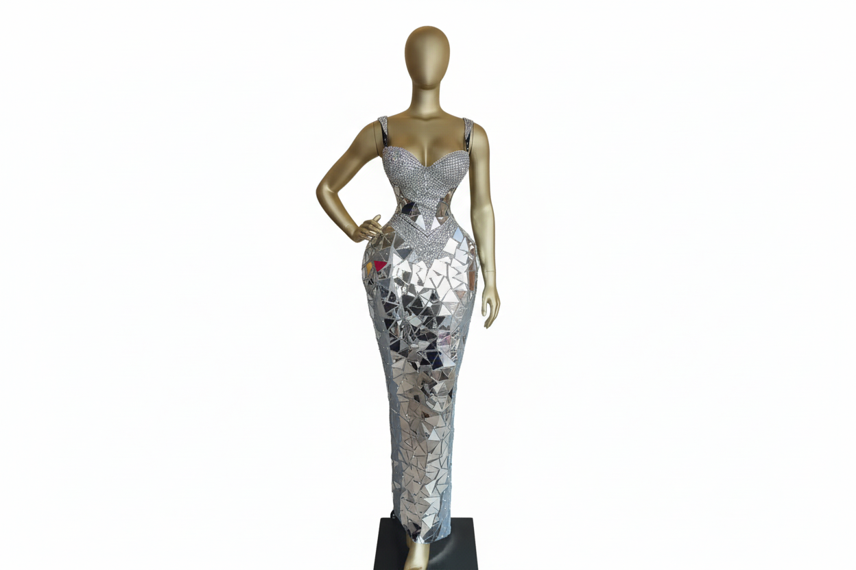 Silver geometric dress on white background