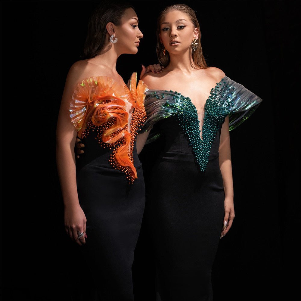 Strapless Beading Mesh Bandage Dress Off The Shoulder Patchwork - Bandage city