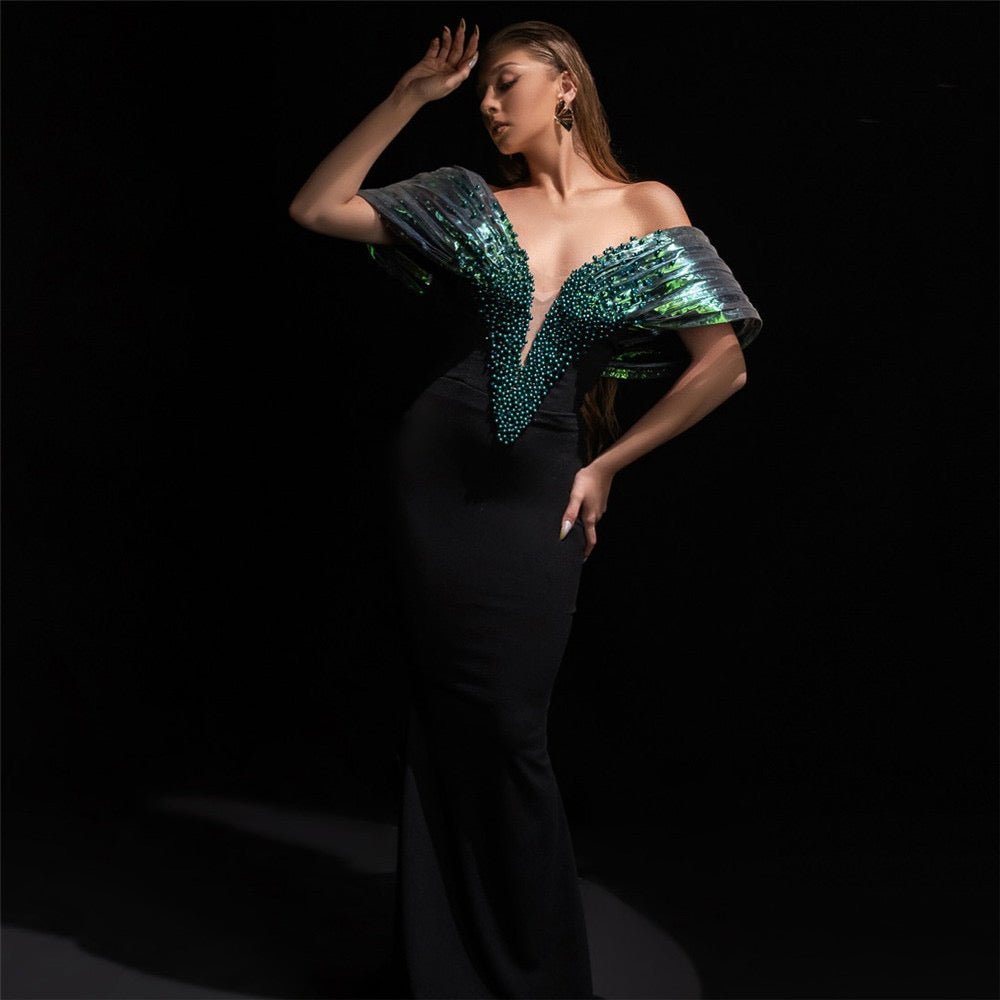 Strapless Beading Mesh Bandage Dress Off The Shoulder Patchwork - Bandage city