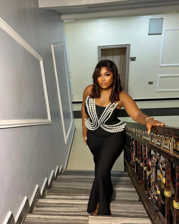 Strapless Pearl Beading Bodycon Long Bandage Dress Elegant And Luxury Birthday Dress - Bandage city