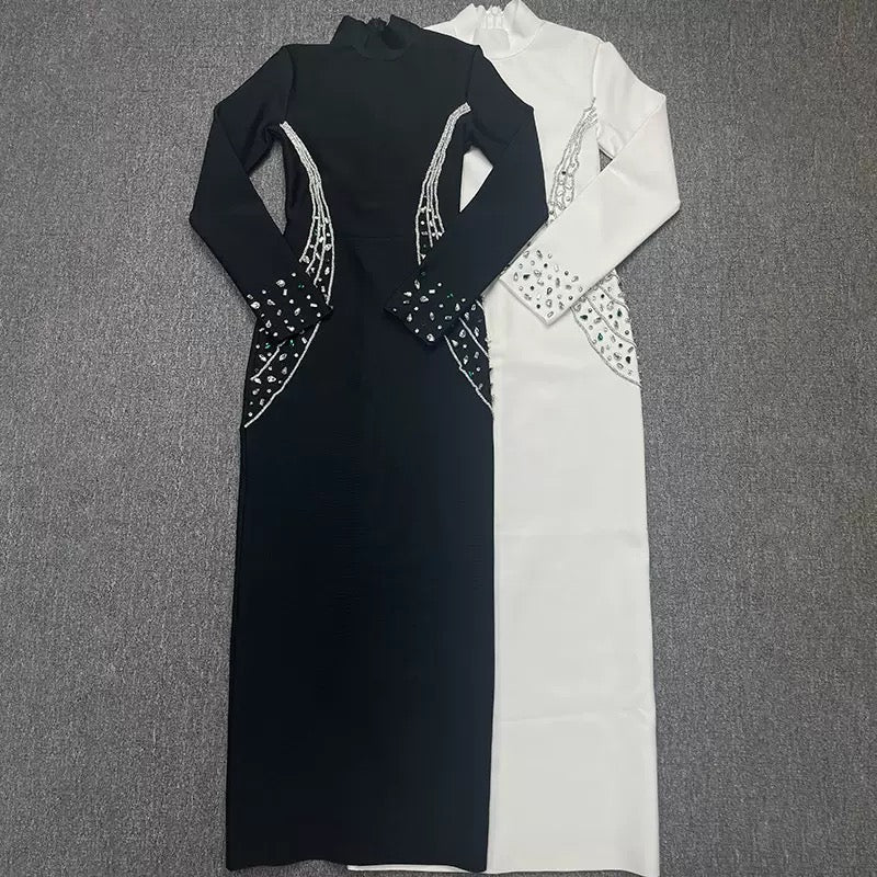 Turtleneck Shiny Diamond Long Sleeves Crystal Bandage Long Dress - Bandage city